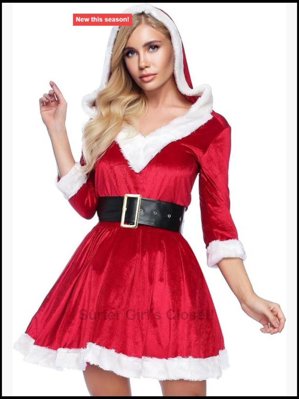 Women's Mrs. Claus Santa Costume 2Pcs Red Velvet Christmas Dress with Belt